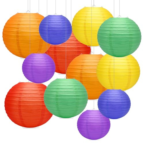 Forbabe 12 Stück Papier Lampions Bunt Garten Lampions, Papierlaternen Bunte Runde Papierlampions, Papier Laterne für Lampenschirm Deko, Hochzeitsdekorationen, Geburtstagsfeier (Ø15cm/20cm/25cm)