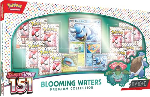 Pokémon TCG: Blooming Waters Premium Collection (4 Tarjetas promocionales de Aluminio, 1 Carta de Gran tamaño y 12 Paquetes de Refuerzo)