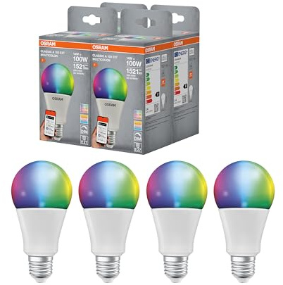 OSRAM SMART+ RGBW, lampada LED E27 con Matter over Wifi, appositamente progettata per ALEXA - facile configurazione con un clic, sostituisce 100W, 2700-6500K, 16 milioni di colori RGB, confezione da 4