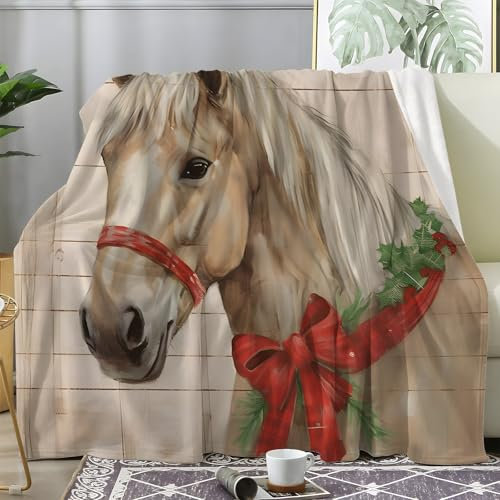 Weihnachtsdecke - Kuscheldecke Flauschig Weihnachts Pferd, Decke Fleecedecke Weihnachts Schleife, Weiche Warme Decke Wohndecke als Sofadecke Wolldecke Couchdecke Tagesdecke, XXL 220x240 cm Y-972