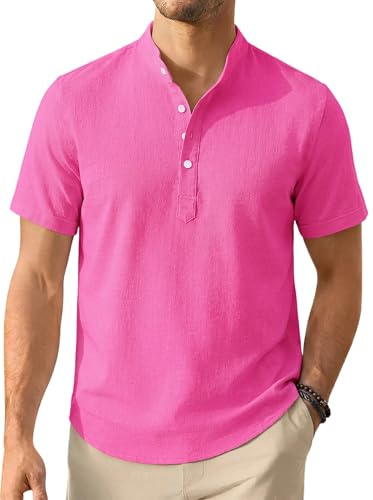 Enlision Camicia Lino Uomo Manica Corta Camicie Estive Uomo Collo Coreana Elegante Casual Spiaggia Ampia Maglietta Lino con Bottoni Henley Shirt