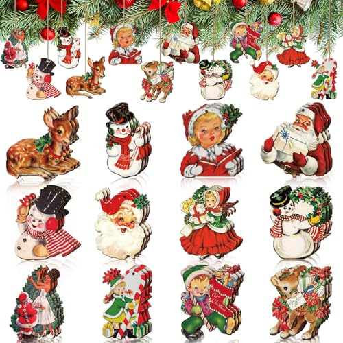 Weihnachtsbaumschmuck, 36 Stück Doppelseitig Christbaumschmuck Holz Vintage Weihnachtsbaum Deko Holz Holzschmuck Baumschmuck Weihnachten,Weihnachtsanhänger Bastelset Basteln Kinder Weihnachten Kinder