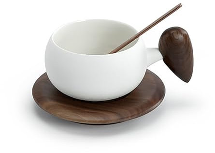 Ceramic Coffee Mug and Wooden Saucer Set, 180 ML Unglazed Ceramic Cup with Wooden Handle for Espresso Latte Cappuccino Tea, White
