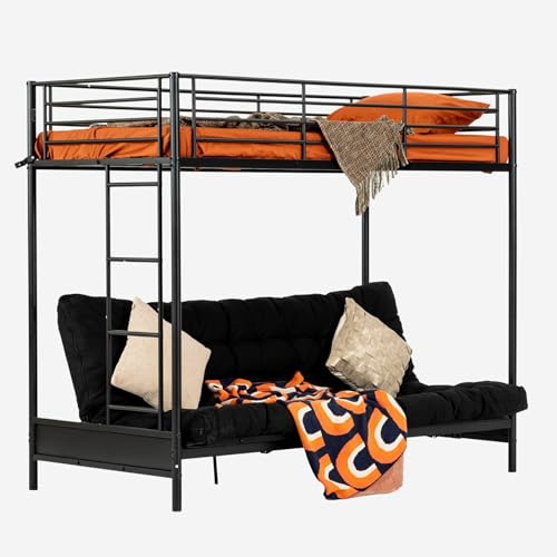 MEUBLE COSY Letto a Castello 90x190 cm con Divano Trasformabile e Futon e Rete a Doghe in Metallo, Stile Industriale, Letti per Camerette, Bambini, Adulti, Casa, Nero