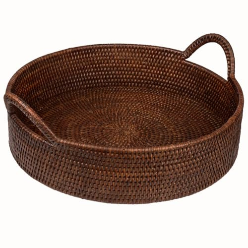 Plateau rond en rotin - Diamètre : 40 cm - Grand plateau de service rond - En rotin tressé - Avec bord haut et poignées - Fabriqué à la main