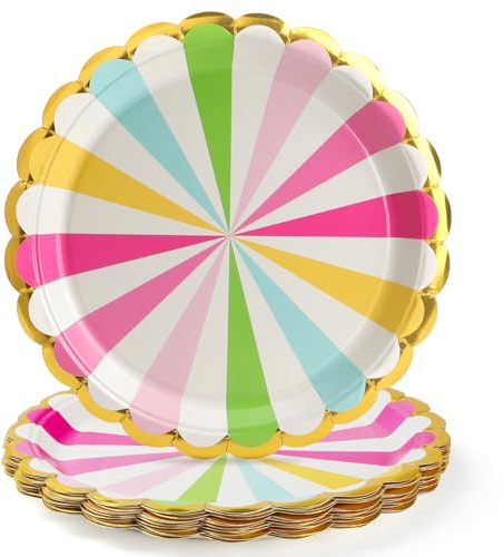 PARTY GO Lot de 16 assiettes jetables en carton de 17,8 cm pour dîner et dessert, pour remise de diplôme, vacances, mariage, anniversaire, fête, fête prénatale, décorations multicolores