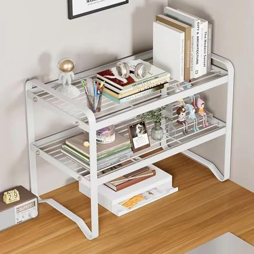Dreamhousey Libreria da scrivania a 2 ripiani in ferro, per casa e ufficio, in metallo, scaffale per libri, espositore da bancone, piccola cucina multifunzionale (bianco)