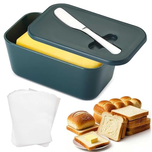 Beurrier avec couvercle, beurrier en céramique avec couvercle et couteau, parfait pour beurre, noix, fromage, sucre, sel, épices (vert noirâtre)