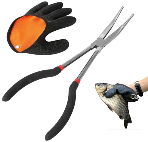 Lot de 2 pinces de pêche courbées de 27,5 cm avec 1 gant de pêche à la main droite, gants d'atterrissage anti-coupure, pince de pêche arquée, pour la pêche des poissons prédateurs