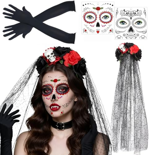 Velo della Morte Cerchietto di Carnival, Cerchietto Dia De Los Muertos Accessori, Giorno Dei Morti Velo per Carnival, Con un paio di guanti, per Carnevale Hallowen Giorno Cosplay dei Morti Feste