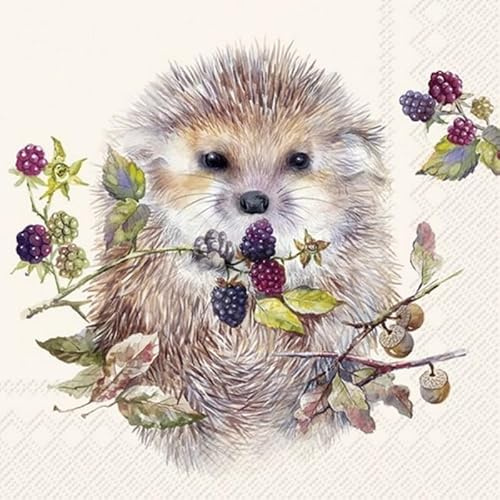 20 Servietten Herbst Igel an Waldbeeren als Tischdeko. Papierservietten mit Motiv. Auch für Decoupage und Serviettentechnik 33x33cm