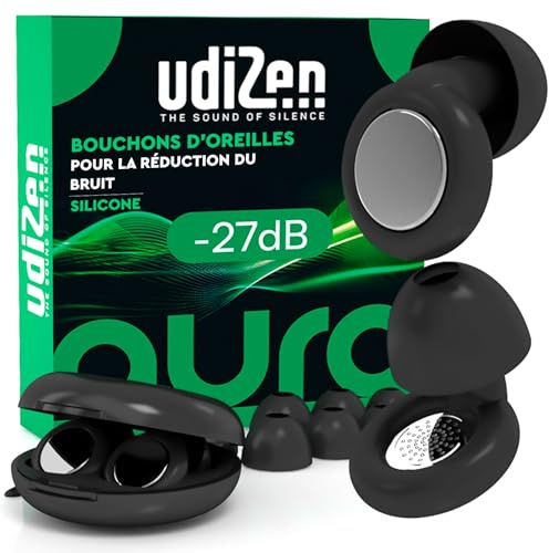 Bouchons d'Oreilles Antibruit pour Dormir Voyager Étudier UdiZen -27dB Aura - 1 Paire de Bouchons Ergonomiques Réutilisables Protection Auditive SNR 27dB Réduction du Bruit avec Étui Couleur Noire