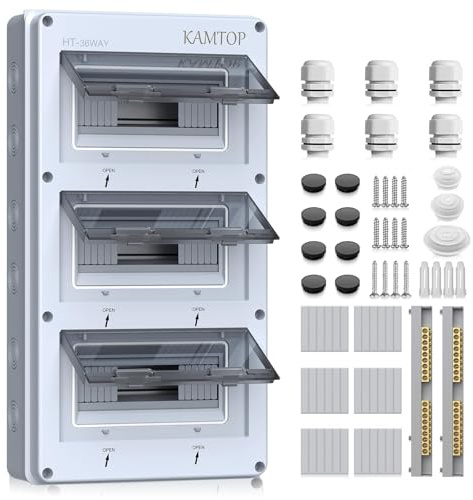 KAMTOP Caja de Distribución 36 Módulos IP65 para Superficie Cuadro Eléctrico Exterior con Tapa Transparente Caja Estanca Impermeable con Carril DIN para Interruptores Automáticos Tomas y Conexiones