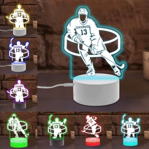 MYZQIFF Benutzerdefinierter Name Hockey Nachtlicht, personalisierte LED Licht 16 Farben 3D Illusion Hockey Spieler Lampe Weihnachten Geburtstag Hockeys Geschenke