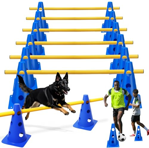 XEIYEI 6er Sports Steckhürdenset Cavaletti Agility Set Hunde Hürden Steckhürdenset 12 Kegel 32cm + 6 Stangen 80cm Agility Koordinationstraining Set für Kinder Hunde Teamsport Fussball