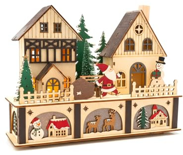 Wintem – Decorazione Casetta Natalizia Illuminata con LED e Personaggi in Legno, Decoro Natalizio con Babbo Natale e Pupazzo di Neve, Ideale per Addobbare la Casa con Atmosfera Calda e Magica
