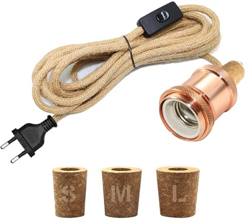 Kit Lampada Bottiglia, 240 CM Corda di canapa Cavo, Ceramica Presa E27, Supporto Lampadina per Bottiglia, 3 Tappi morbidi, Adattatore di Bottiglia, Adatto per diversi paralumi, Oro Rosa