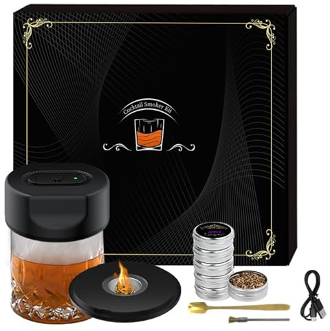 YYKDDP Whisky Räucherset Elektrisch – Wiederaufladbarer Cocktail Smoker mit 6 Holzchips & LED, Old Fashioned Drink Smoking Set Geschenk für Männer, Ehemann, Vater, Bourbon & Whiskey Liebhaber