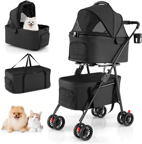 COSTWAY Double Pet Stroller, 4 Wheels Foldable Dog Pushchair Cat Buggy with 2 Detachable Carriers, Adjustable Canopy, Mesh Openings & Safety Leash, Lightweight Pet Pram for Small Dog Cat (Black)