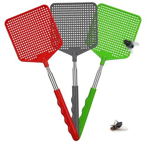 3 Piezas Matamoscas Extensible, Multicolor Matamoscas de Plástico, con Mango Ajustable Manual, Sólido y Duradero para Controlar Moscas, Mosquitos, Avispas, Plagas(Negro,Verde,Rojo)