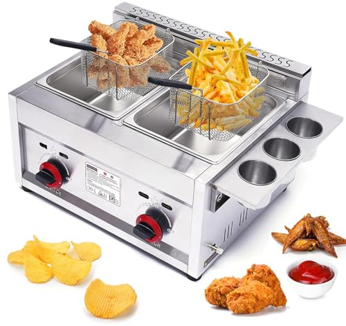 Friggitrice commerciale da banco a doppio pozzo, 2 serbatoi da 10 l x 2, in acciaio inossidabile con cestini e coperchi, 18000 Btu/ora per casa, cucina, ristorante, friggitrice ad olio facile da