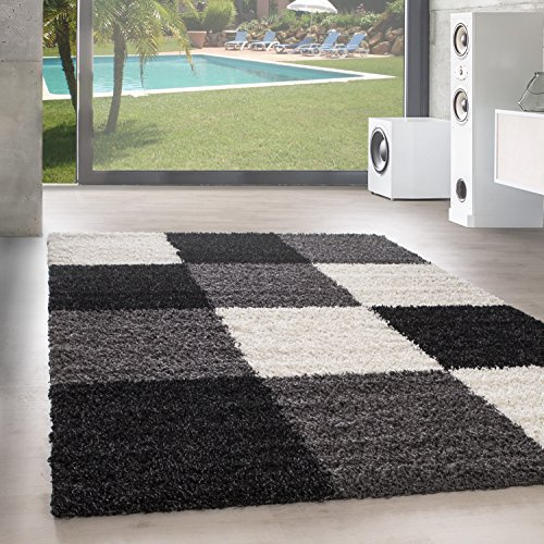 SIMPEX Hochflor Teppich Shaggy kariert 160x230 cm Schwarz, weich & flauschig, modernes Karo Muster, rechteckig, perfekt für Wohnzimmer, stilvolles Wohnaccessoire