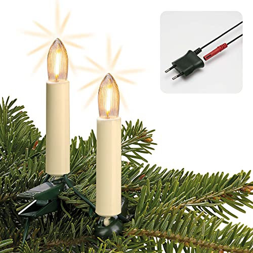 hellum Weihnachtsbaum Lichterkette Made in Germany, 9,8m beleuchtet mit 15 warmweißen LED Filament Riffelkerzen in ivory, Lichterkette innen mit grünem Kabel, teilbaren Stecker und Clips <59lm 814002