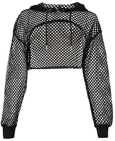IBLUELOVER Pullover sexy da donna a rete trasparente a rete traforata a maniche lunghe con cappuccio felpa morbida a rete trasparente da spiaggia crop top club gotico punk rock raver blousers per
