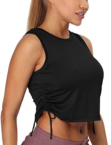 icyzone Damer sport fitness linne cropped yoga skjorta rund hals löpning toppar, svart, M Kort