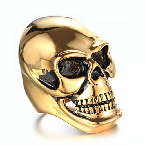 Ayoiow Bague en Acier pour Homme,Bagues Bikers Homme Or Bague Crâne Punk Rock Or Taille 56.5