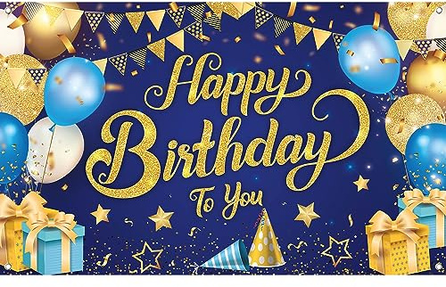 KatchOn Happy Birthday Banner - Extragroß 180x110 cm | Blau und Gold Hintergrund für Jungen | Geburtstagsdeko für Frauen, Geburtstagsbanner, Girlande