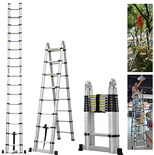 Scala pieghevole da 2,5 + 2,5 m, con telaio ad A, 8 + 8 pioli, in acciaio inox, allungabile, antiscivolo, portatile, multiuso, con stabilizzatore, portata EN131