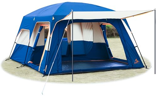 KTT Extra Large Tent 10-12 Person(B),Family Cabin Tents,2 Rooms,3 Doors and 3 Windows with Mesh,Straight Wall,Waterproof,Double Layer,Big Tent for Outdoor,Picnic,Camping,Family Gathering(Dark Blue)