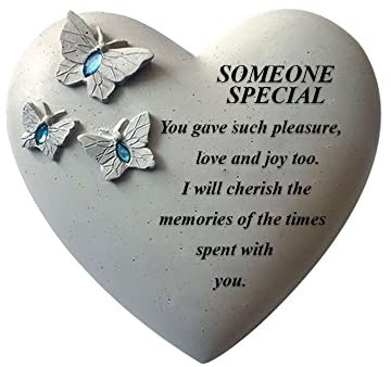 Personalised Grave Ornament/Memorial Plaque with Heart With 3 butterflies & Blue and Pink Gems | Graveside Decoration Gift- Loving Memory of your Loving Deceased Ones (SomeOne Special With Blue Gems)