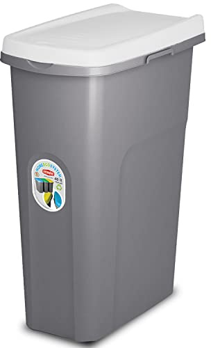 Home Centr Plastic Lift Top Waste Bin 40L White-Grey Slim, Made in Italy | Kitchen & School Recycling Bin, General Trash & Storage Container, Sturdy Dustbin Organiser, Recycled Rubbish