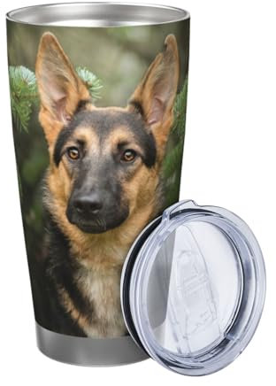 ZaKhs Thermobecher, Motiv: Deutscher Schäferhund, 590 ml, mit Deckel und Strohhalm, Kaffeebecher, Edelstahl, Reisebecher für Damen und Herren