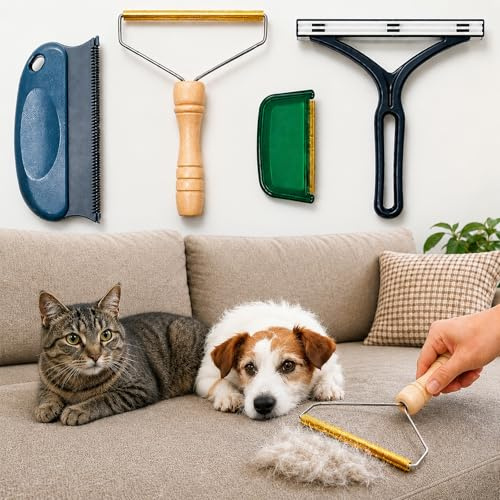 4-Pack Pet Hair Remover Set, Multi-Tool Lint and Fur Removal Kit with Wooden Handle, Reusable Silicone Brushes for Carpet, Furniture, Clothes, Car Interiors