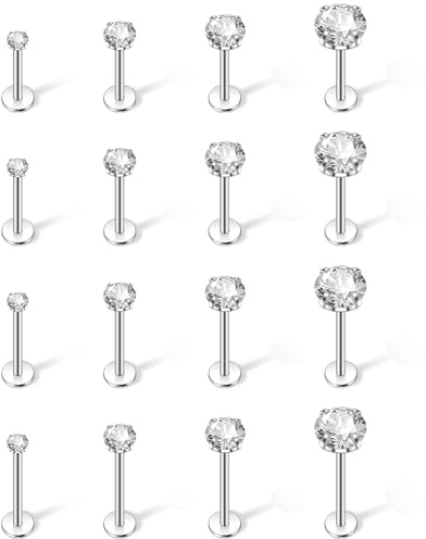 Leikedun 16Pcs Lip Studs Labret Piercing Jewellery Tragus Helix Piercing 316L Surgical Steel Nose Piercing Studs for Women Men Flat Back Earrings