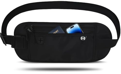 Norhogo 1 pcs Black Waist Travel Wallet RFID Blocking, Ultra-Slim Money Belts for Travel Hidden, Security Belt Pouch, Hidden Bum Bag with Adjustable Elastic Waist Strap for Travel Hidden Men Women