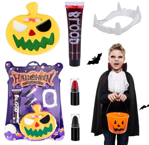 Schminke Halloween Set, Halloween Make Up Set, Vampirzähne Zähne Kinder, kunstblut halloween, Halloween Face Paint Für Halloween Karneval Geburtstag Maskerade Cosplay