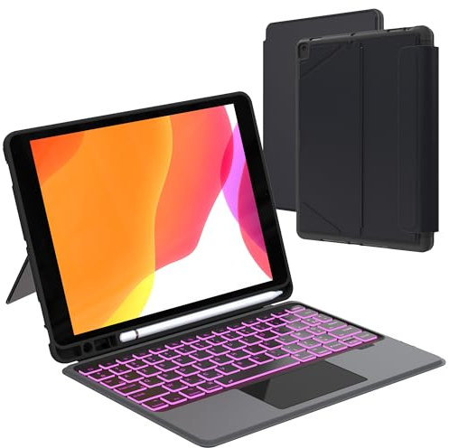 Coque clavier pour iPad 9e 2021/8e 2020/7ème 2019 Génération 10.2/iPad Air 3/i Pad Pro 10.5: 7 Couleurs Rétro-éclairé Magnétique Étui Clavier Détachable avec Trackpad | Housse avec Pen Holder AZERTY