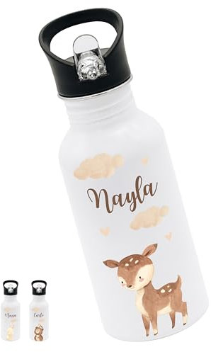 Bärenfreunde® - Personalisierte Trinkflasche Kinder Edelstahl [ 500ml ] - Robuste Trinkflasche mit Namen - Wasserflasche mit Trinkhalm - Personalisierte Geschenke für Kinder (Reh)