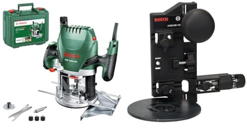 Bosch Oberfräse POF 1400 ACE (1400 W; für Holzbearbeitung; 3x Spannzange; Fräser; Parallelanschlag; Absaugadapter; im Koffer) + Fräszirkel und Führungsschienenadapter (FSN 70/140, Zubehör)