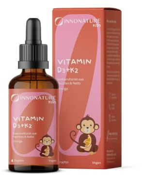 InnoNature Vitamin D3+K2 Kids Tropfen, Orange | mit Vitamin D für normales Wachstum, Entwicklung der Knochen & Immunsystem | 10ml, vegan