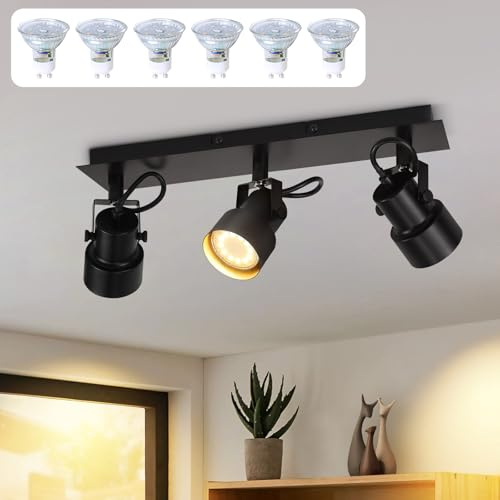 CBJKTX Deckenstrahler 3 Flammig Deckenspot Schwarz mit 6 Stück GU10 | Leuchtmittel - Vintage Schwenkbar 350° Strahler Industrial Spots Küchenlampe für Wohnzimmer Schlafzimmer Küche Flur