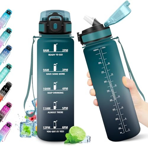 Wasserflasche 1L, Kohlensäure Geeignet, Trinkflasche mit Strohhalm, Trinkflasche Sport Auslaufsicher mit Zeitmarkierung, BPA-frei, Ideal für Outdoor, Fitness, Schule, Büro, Erwachsene, Fahrrad