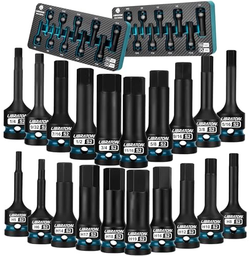 LIBRATON Impact Hex Bit Socket Set, 1/2 Dr, S2 Steel | Metric & SAE 20PCS (H5-H19 & 1/4-3/4) High Torque Sockets for Professional Mechanics & Automotive Repair (XPE Storage Case)