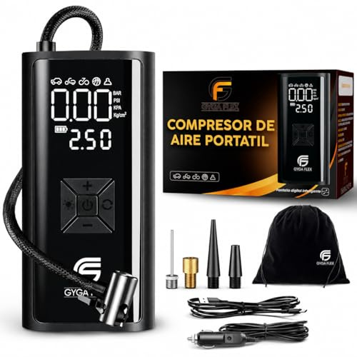 GygaFlex © Inflador Ruedas Coche 30L/Min, Compresor Aire Portátil 150 PSI/10,3 Bar, Batería Recargable y Cable 12V 3M, Manómetro Digital, Apagado Automático, LED SOS, para Coche Moto Bicicleta Pelotas