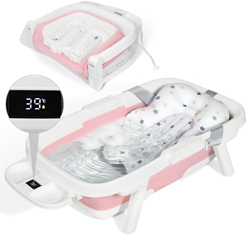 Orzbow Babybadkar, hopfällbart babybadkar med termometer, stort babybadkar för barn 0–6 år med mjuk stoppning, 3-i-1-skål, hållbart, dräneringshål, perfekt för resor, stor XXl, rosa