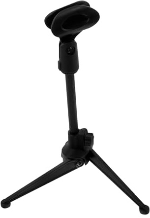 Schwarzer Mikrofonhalter mit Tischstativ und Mikrofonklemme | Dreibein Basis aus Kunststoff, Ausziehbar von 21 bis 27, 5cm, Klemmbereich 30–40mm